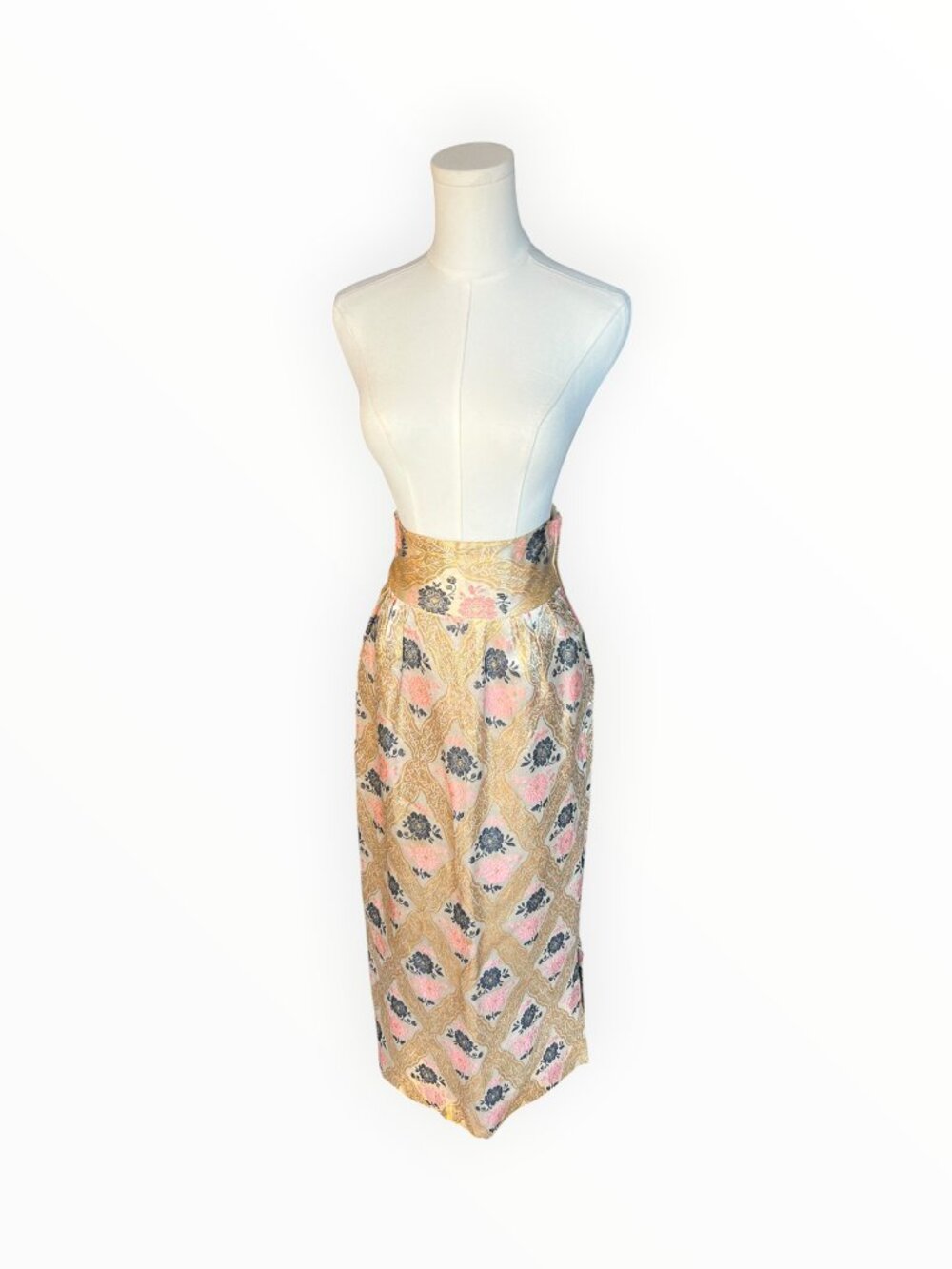 Vintage 1960s Silk Brocade Floral Gold Pink Black High Waist Maxi Skirt